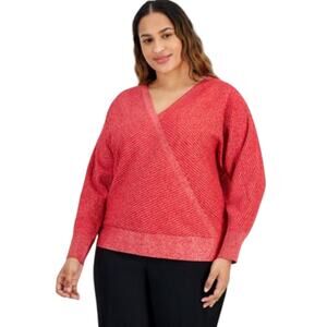 JM Collection Women's Plus Size Metallic Wrap Sweater in Fire Red